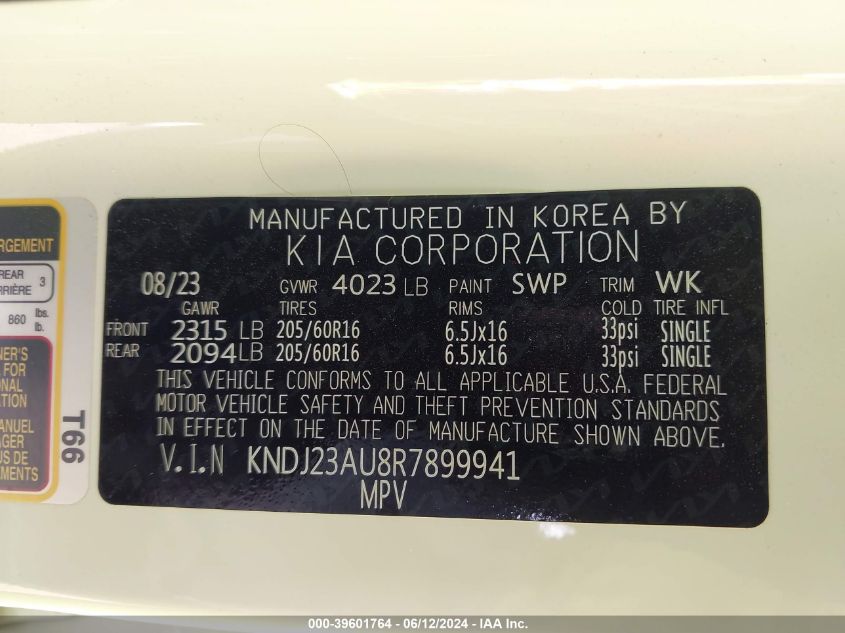 2024 Kia Soul Lx VIN: KNDJ23AU8R7899941 Lot: 39601764