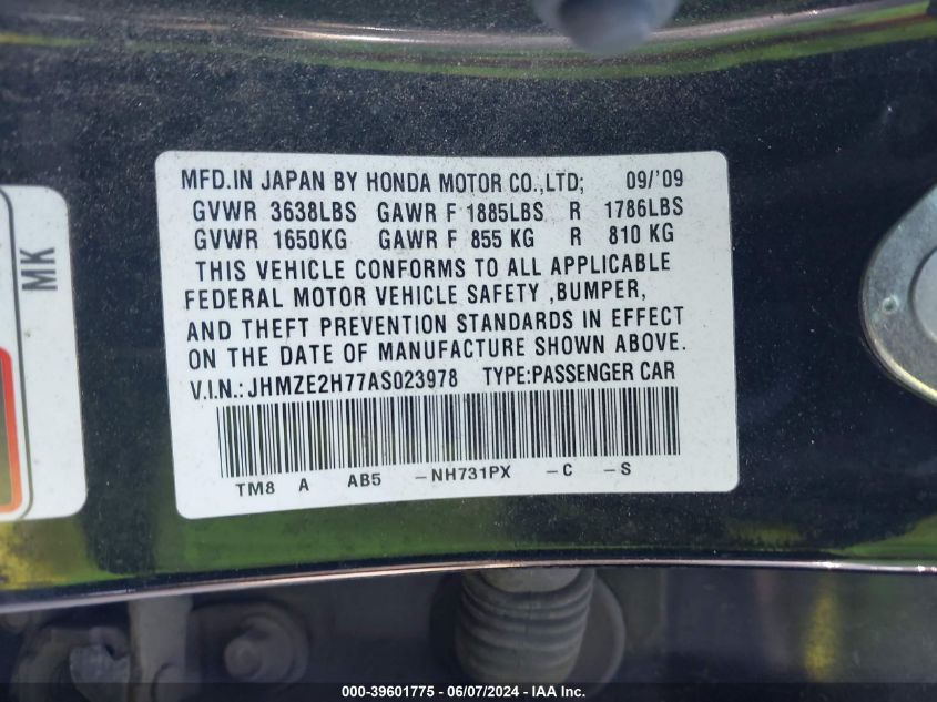 2010 Honda Insight Ex VIN: JHMZE2H77AS023978 Lot: 39601775