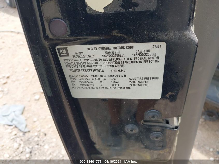 2002 Chevrolet Trailblazer Lt VIN: 1GNDT13S622197413 Lot: 39601778