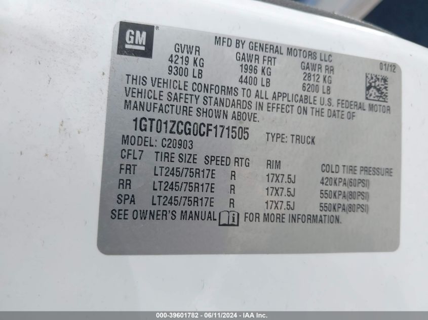 2012 GMC Sierra 2500Hd Work Truck VIN: 1GT01ZCG0CF171505 Lot: 39601782