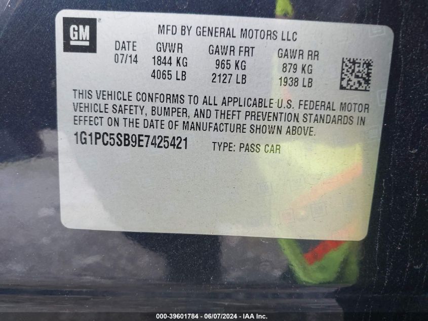 2014 Chevrolet Cruze 1Lt Auto VIN: 1G1PC5SB9E7425421 Lot: 39601784