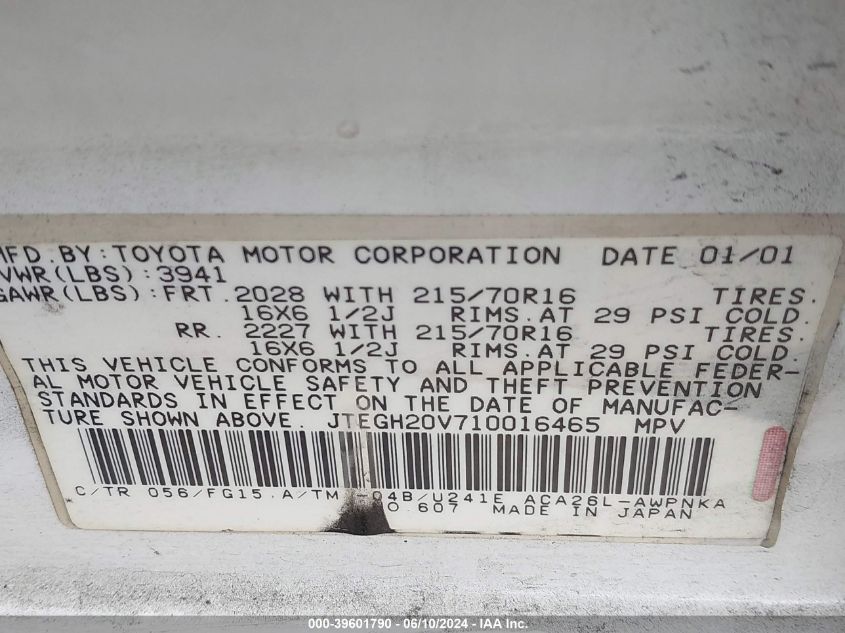 2001 Toyota Rav4 VIN: JTEGH20V710016465 Lot: 39601790