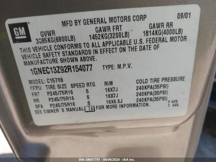 2002 Chevrolet Tahoe Ls VIN: 1GNEC13Z92R154077 Lot: 39601797