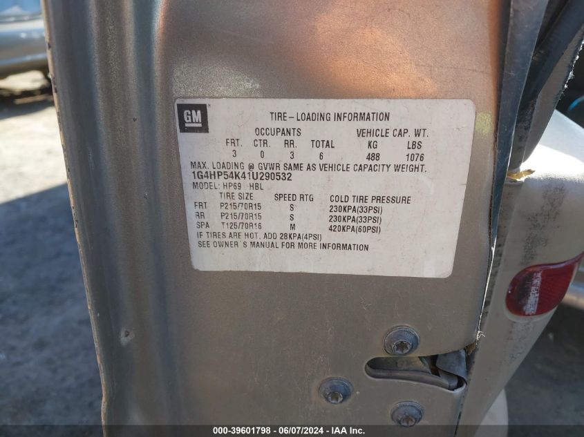 2001 Buick Lesabre Custom VIN: 1G4HP54K41U290532 Lot: 39601798