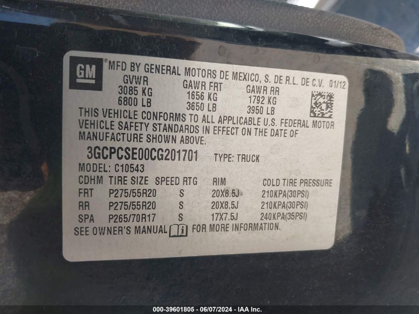 2012 Chevrolet Silverado 1500 Lt VIN: 3GCPCSE00CG201701 Lot: 39601805