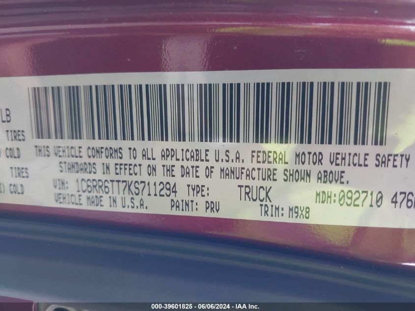 2019 Ram 1500 Classic Big Horn 4X2 6'4 Box VIN: 1C6RR6TT7KS711294 Lot: 39601825
