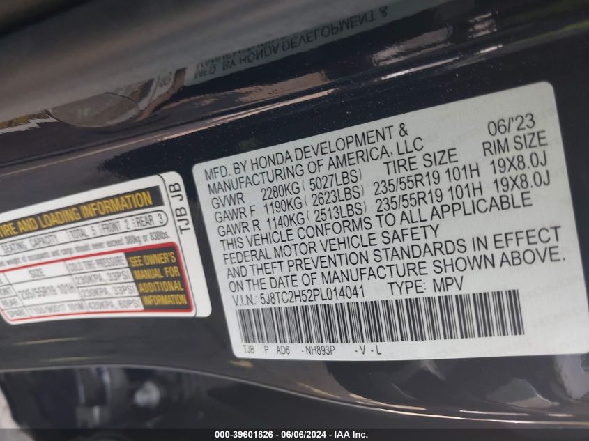 2023 Acura Rdx Technology Package VIN: 5J8TC2H52PL014041 Lot: 39601826