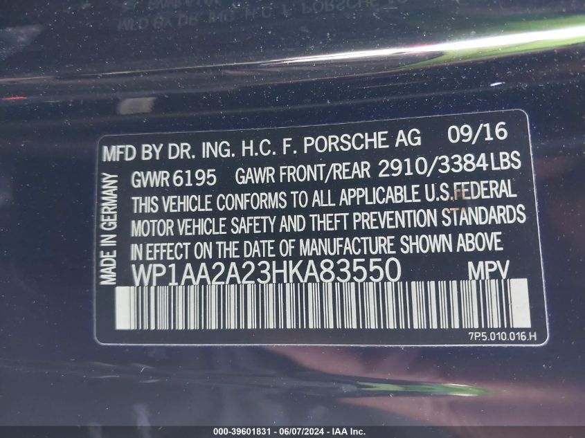 2017 Porsche Cayenne Platinum Edition VIN: WP1AA2A23HKA83550 Lot: 39601831