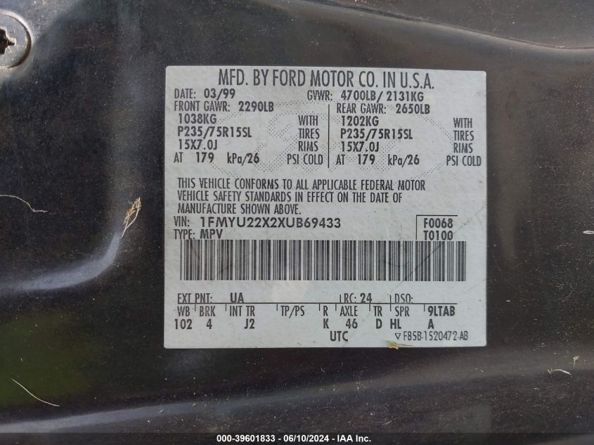 1999 Ford Explorer Sport VIN: 1FMYU22X2XUB69433 Lot: 39601833