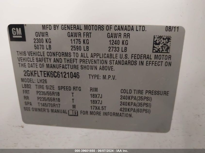 2012 GMC Terrain Sle-2 VIN: 2GKFLTEK6C6121046 Lot: 39601855