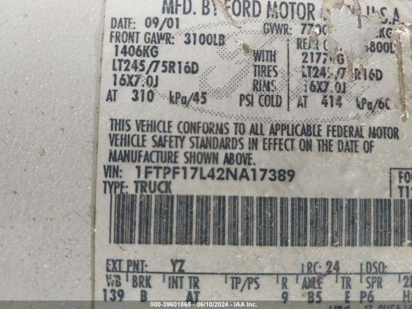 2002 Ford F-150 Xl/Xlt VIN: 1FTPF17L42NA17389 Lot: 39601865