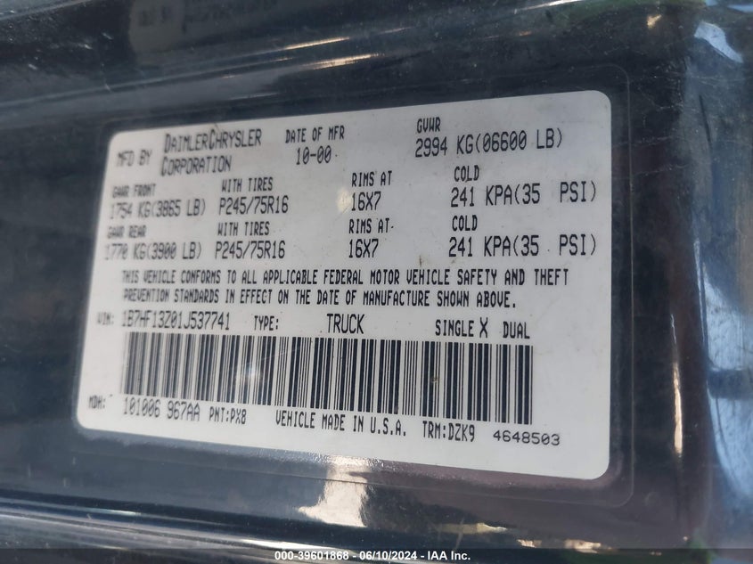 2001 Dodge Ram 1500 St VIN: 1B7HF13Z01J537741 Lot: 39601868