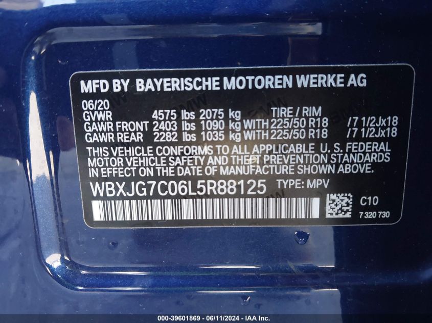 2020 BMW X1 Sdrive28I VIN: WBXJG7C06L5R88125 Lot: 39601869