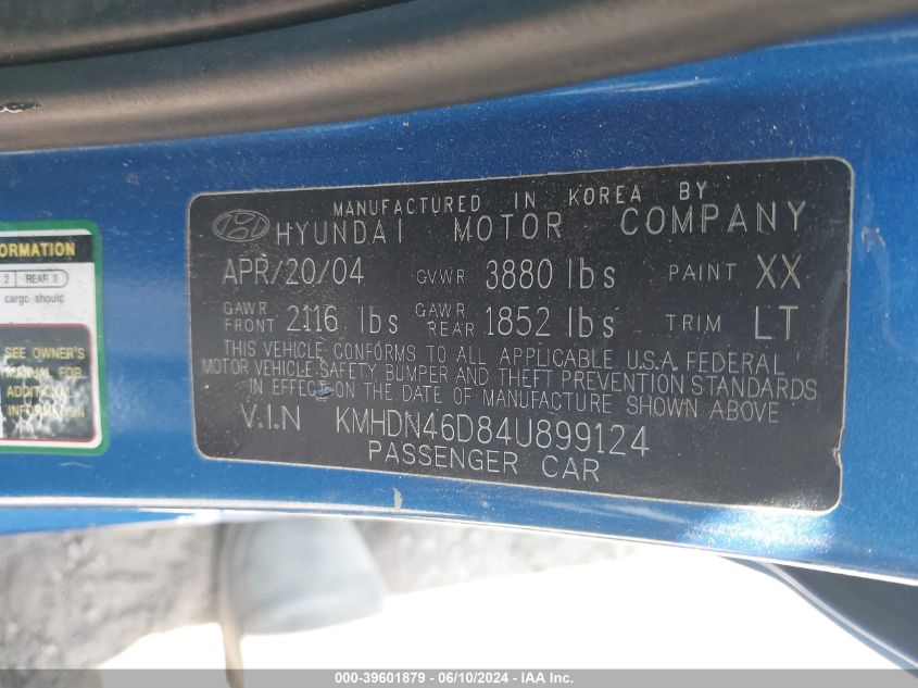 2004 Hyundai Elantra Gls/Gt VIN: KMHDN46D84U899124 Lot: 39601879