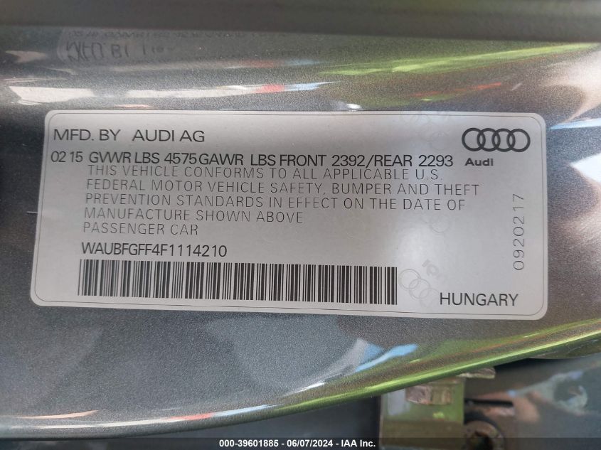 2015 Audi A3 2.0T Premium VIN: WAUBFGFF4F1114210 Lot: 39601885