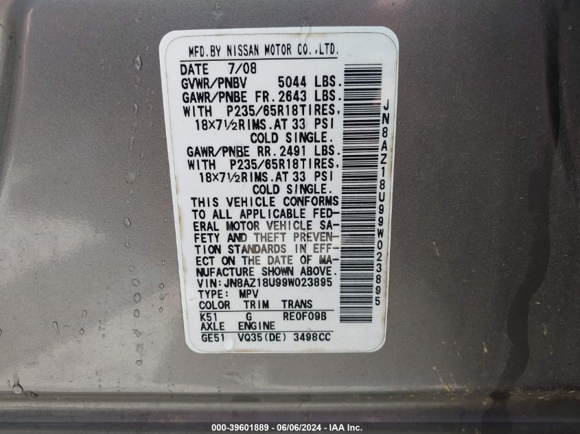 2009 Nissan Murano S VIN: JN8AZ18U99W023895 Lot: 39601889