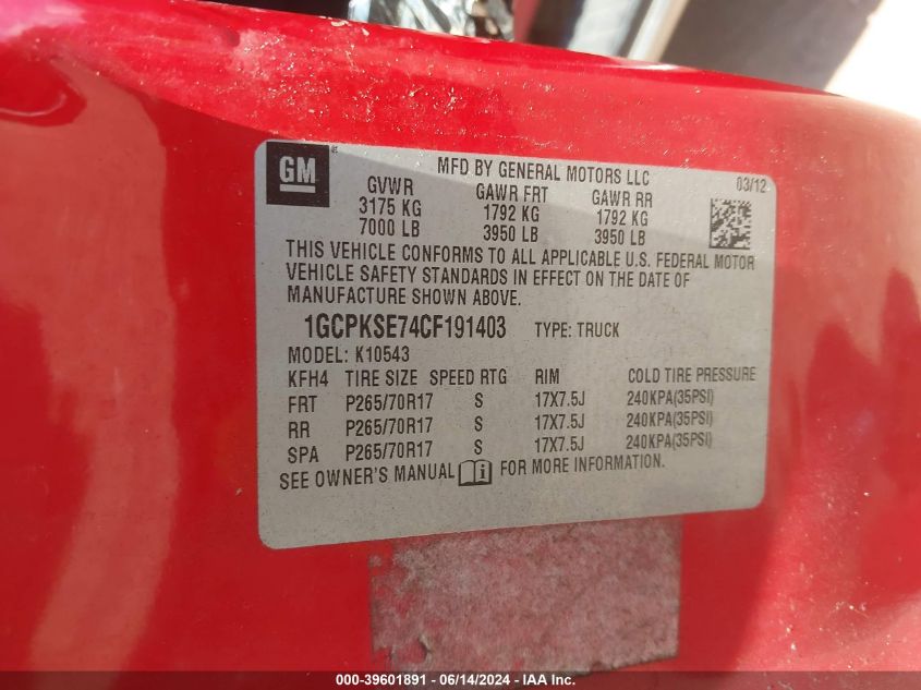 2012 Chevrolet Silverado 1500 Lt VIN: 1GCPKSE74CF191403 Lot: 39601891