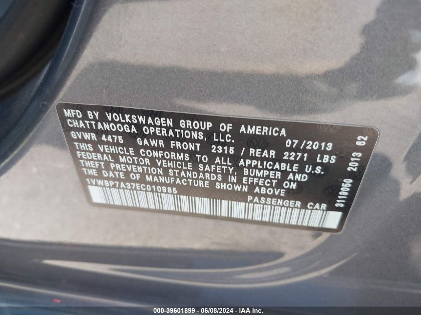 2014 Volkswagen Passat 2.5L Se VIN: 1VWBP7A37EC010985 Lot: 39601899