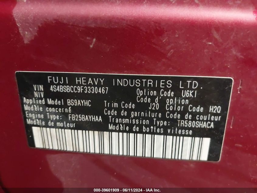 2015 Subaru Outback 2.5I Premium VIN: 4S4BSBCC9F3330467 Lot: 39601909