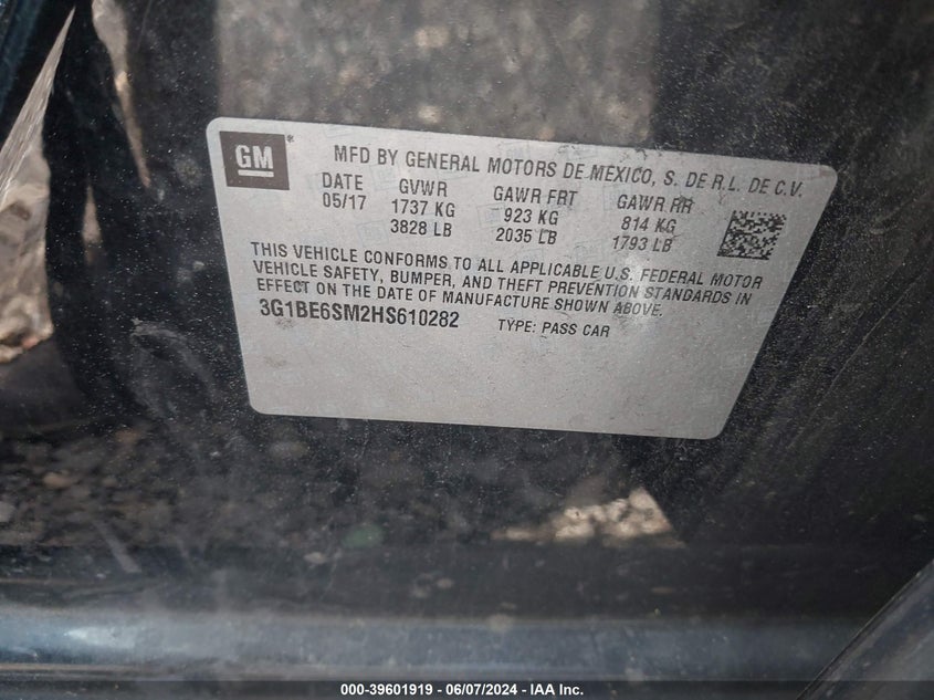 VIN 3G1BE6SM2HS610282 2017 CHEVROLET CRUZE LT AUTO