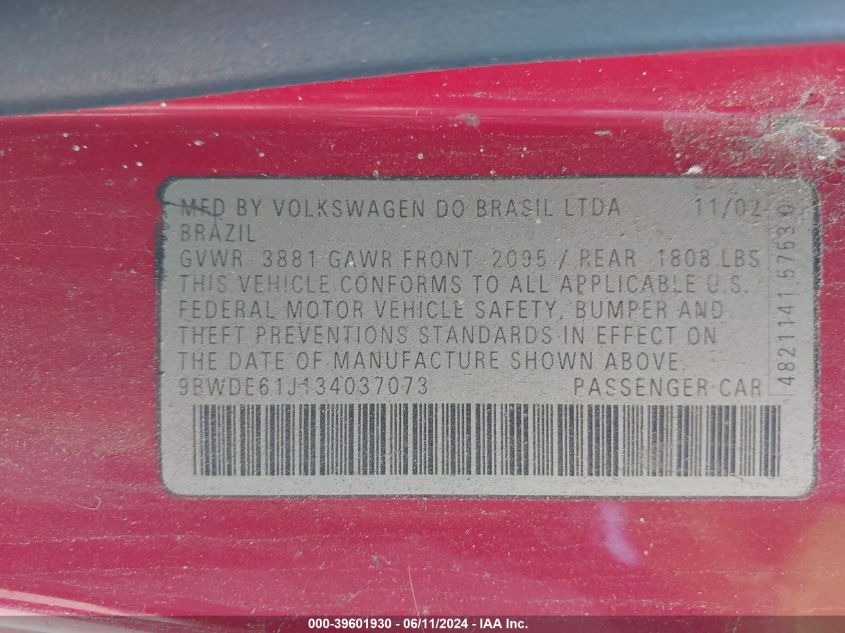 2003 Volkswagen Gti 1.8T (A5)/1.8T (M5) VIN: 9BWDE61J134037073 Lot: 39601930