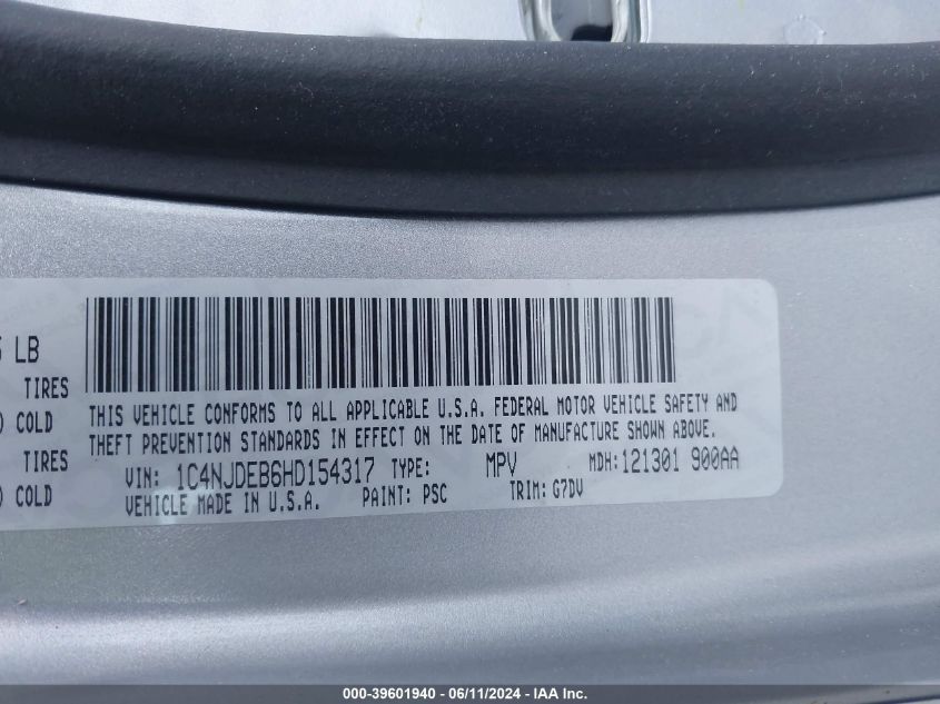 2017 Jeep Compass Latitude 4X4 VIN: 1C4NJDEB6HD154317 Lot: 39601940