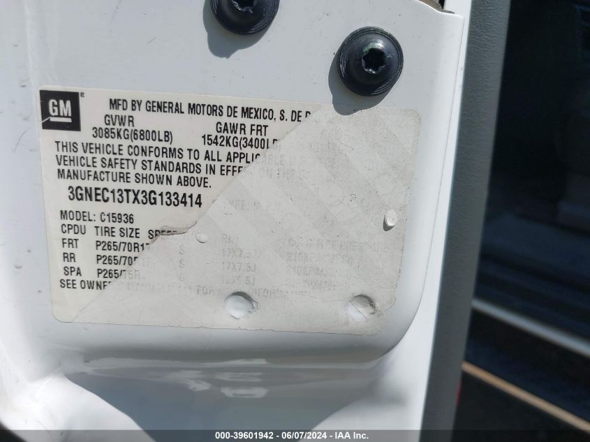 2003 Chevrolet Avalanche 1500 VIN: 3GNEC13TX3G133414 Lot: 39601942