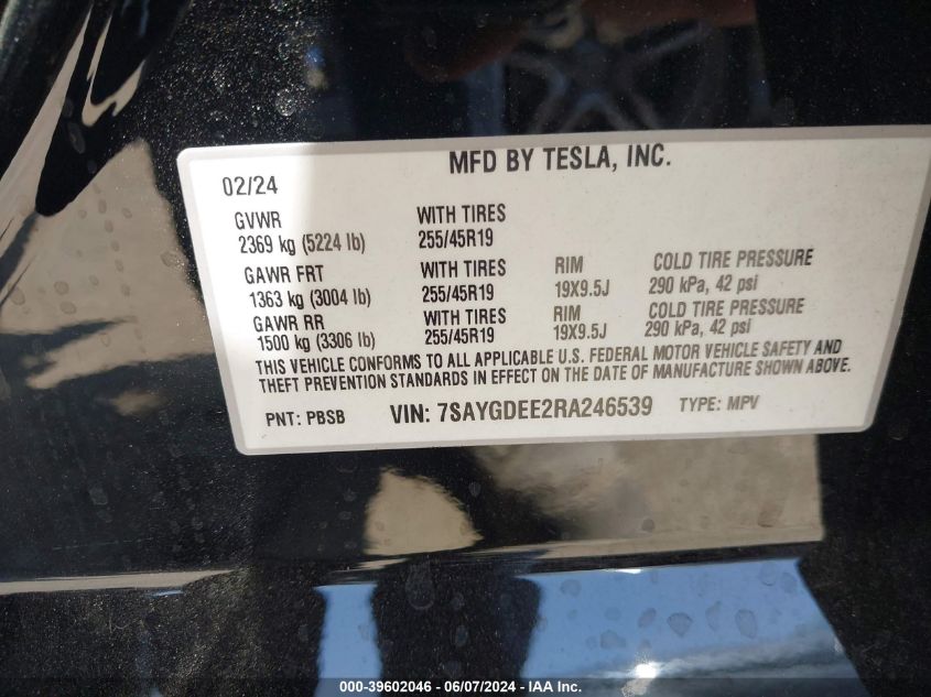 2024 Tesla Model Y Long Range Dual Motor All-Wheel Drive VIN: 7SAYGDEE2RA246539 Lot: 39602046