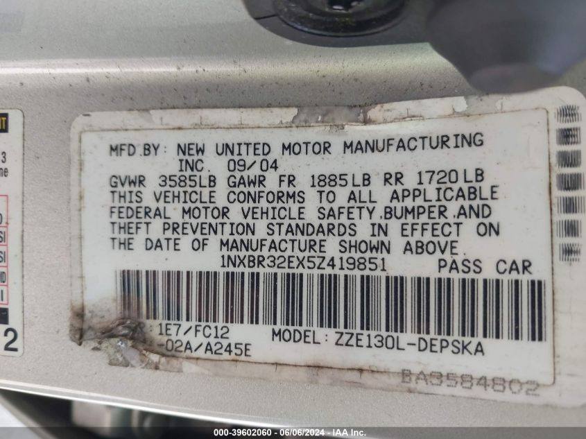 2005 Toyota Corolla S VIN: 1NXBR32EX5Z419851 Lot: 39602060