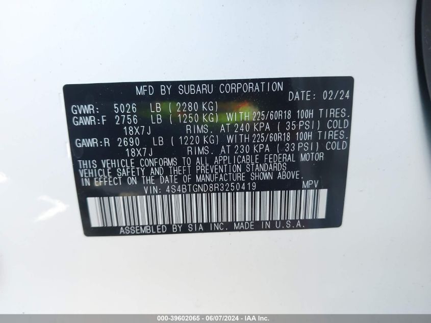 2024 Subaru Outback Limited Xt VIN: 4S4BTGND8R3250419 Lot: 39602065