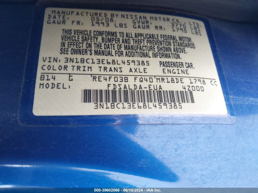 2008 Nissan Versa 1.8S VIN: 3N1BC13E68L459385 Lot: 39602066