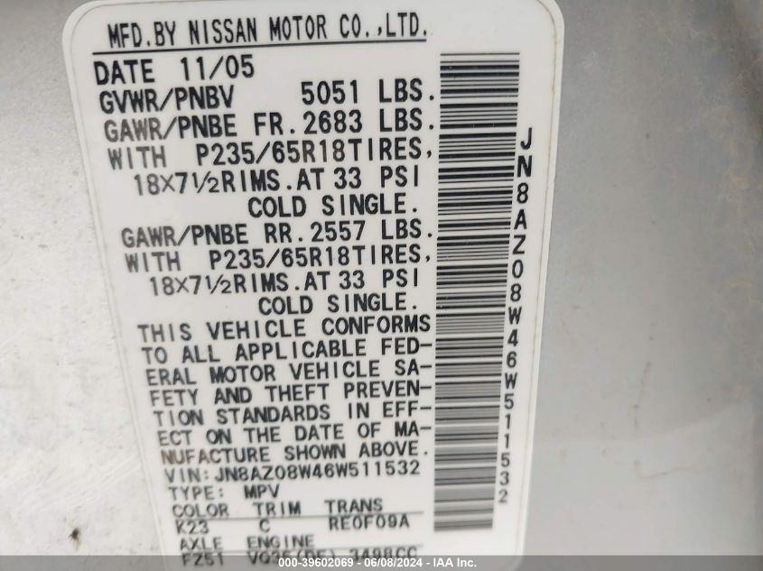 2006 Nissan Murano Se VIN: JN8AZ08W46W511532 Lot: 39602069