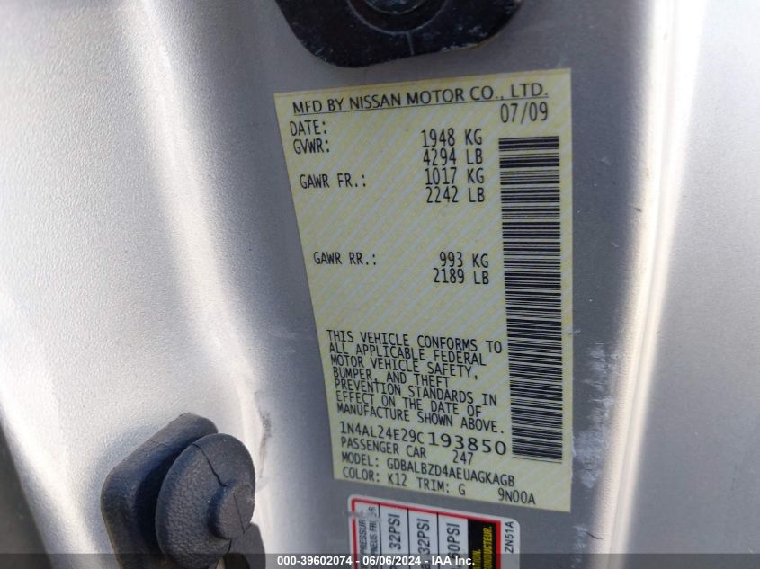 2009 Nissan Altima 2.5 S VIN: 1N4AL24E29C193850 Lot: 39602074