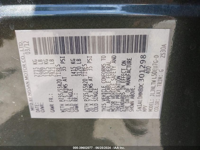 2013 Infiniti Jx35 VIN: 5N1AL0MM8DC301298 Lot: 39602077