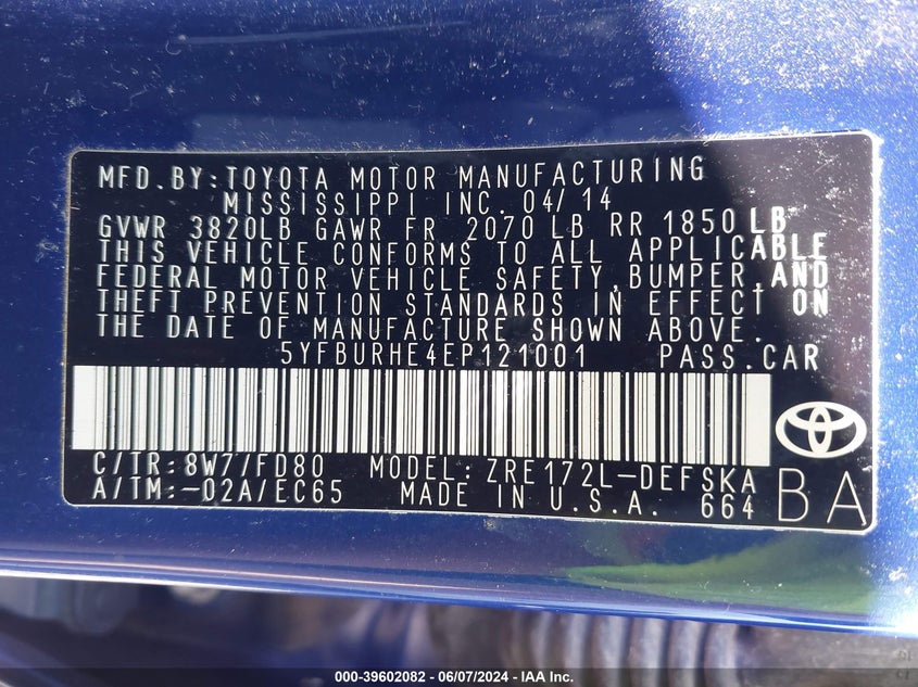 2014 Toyota Corolla S Plus VIN: 5YFBURHE4EP121001 Lot: 39602082