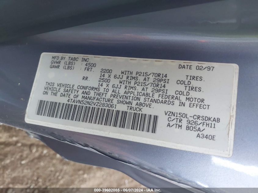 1997 Toyota Tacoma Base V6 VIN: 4TAVN52N2VZ283061 Lot: 39602085