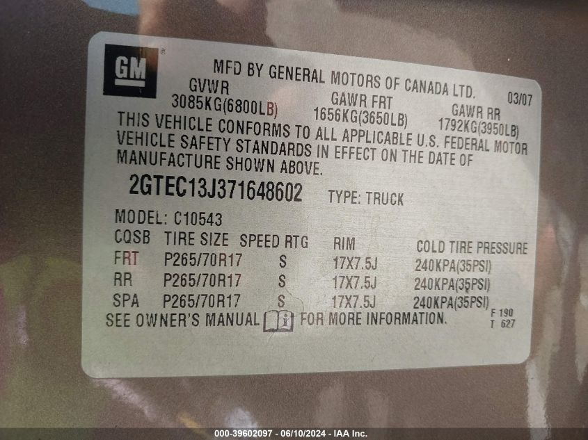2007 GMC Sierra 1500 Sle1 VIN: 2GTEC13J371648602 Lot: 39602097