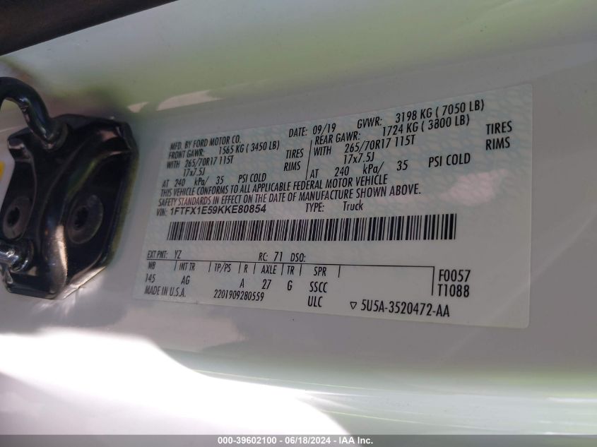 2019 Ford F-150 Xl VIN: 1FTFX1E59KKE80854 Lot: 39602100