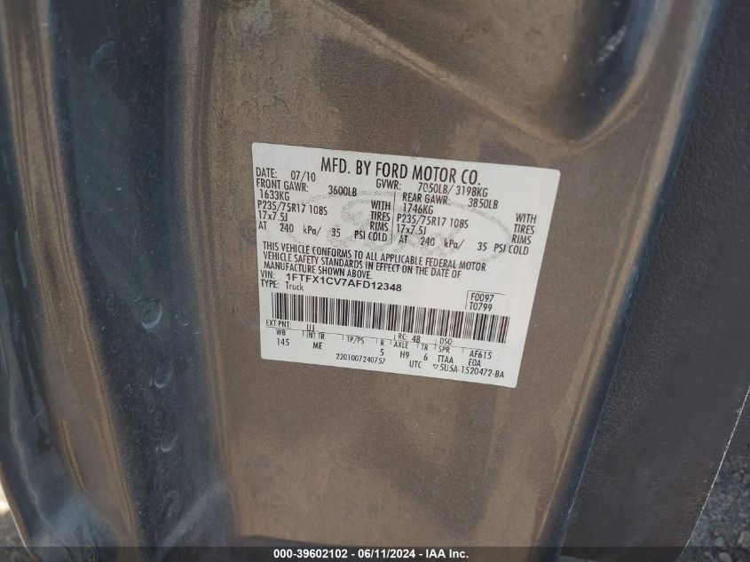 2010 Ford F-150 Fx2 Sport/Lariat/Xl/Xlt VIN: 1FTFX1CV7AFD12348 Lot: 39602102