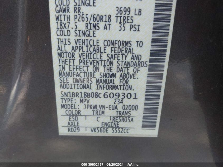 2008 Nissan Pathfinder Le/Se VIN: 5N1BR18B08C609301 Lot: 39602157