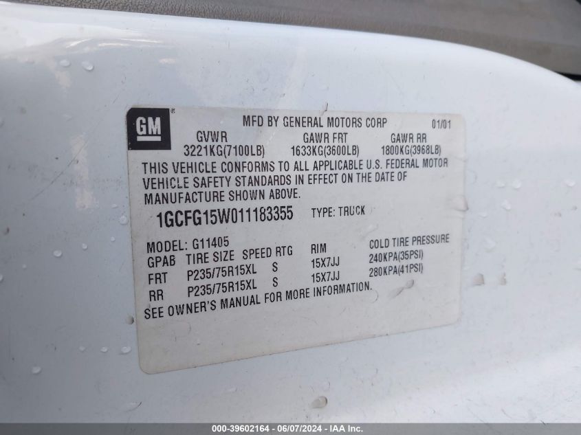 2001 Chevrolet Express VIN: 1GCFG15W011183355 Lot: 39602164