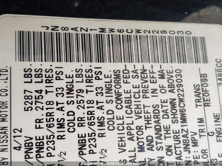 2012 Nissan Murano Sl VIN: JN8AZ1MW6CW229030 Lot: 39602185