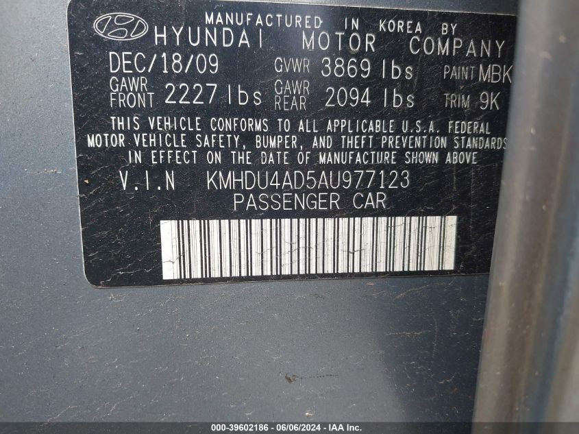 KMHDU4AD5AU977123 2010 Hyundai Elantra Gls