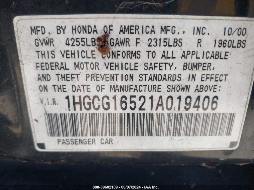2001 Honda Accord 3.0 Ex VIN: 1HGCG16521A019406 Lot: 39602189