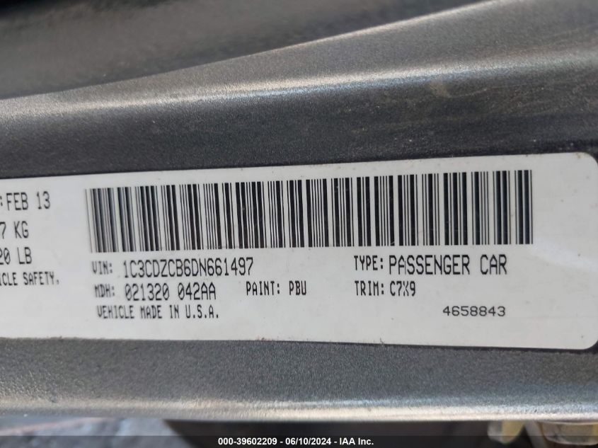 2013 Dodge Avenger Sxt VIN: 1C3CDZCB6DN661497 Lot: 39602209