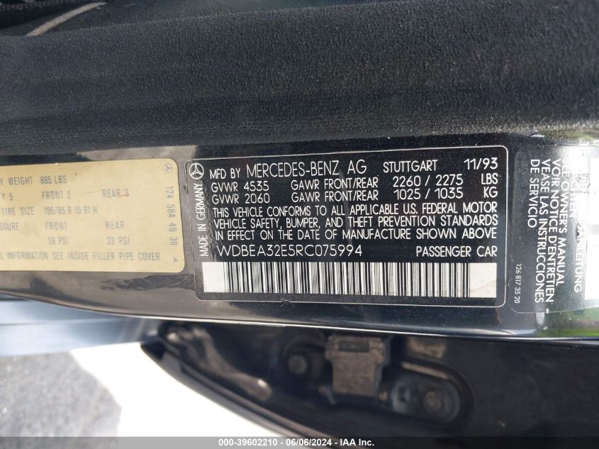 1994 Mercedes-Benz E 320 VIN: WDBEA32E5RC075994 Lot: 39602210
