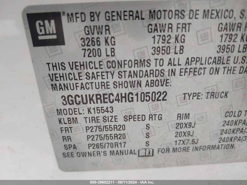 2017 Chevrolet Silverado 1500 2Lt VIN: 3GCUKREC4HG105022 Lot: 39602211