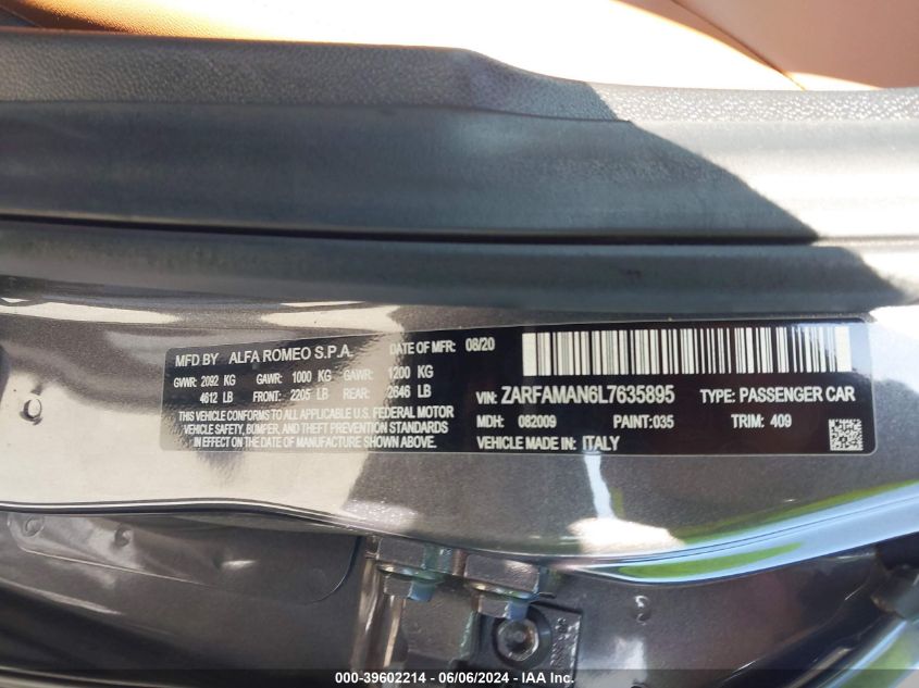 2020 Alfa Romeo Giulia Rwd VIN: ZARFAMAN6L7635895 Lot: 39602214