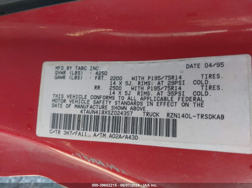 1995 Toyota Tacoma VIN: 4TAUN41BXSZ024357 Lot: 39602215