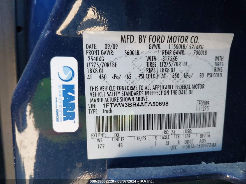 2010 Ford F-350 Cabela's/Harley-Davidson/King Ranch/Lariat/Xl/Xlt VIN: 1FTWW3BR4AEA50698 Lot: 39602228